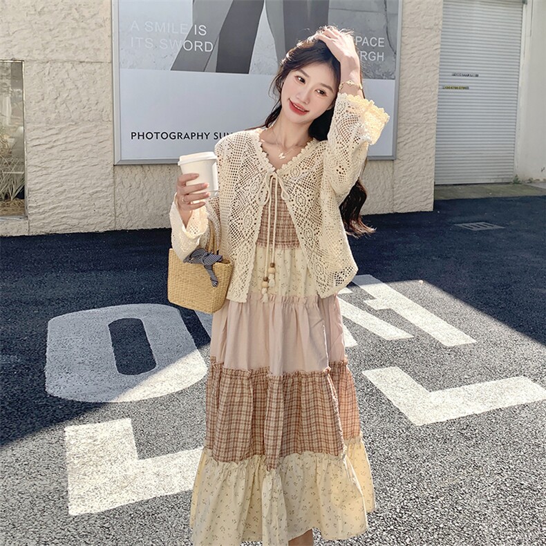 撞色拼接碎花连衣裙套装女2025夏季新款小众系带开衫吊带裙两件套,女装套装/套裙,2C176