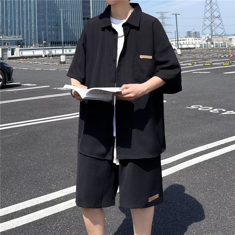 冰丝套装五分袖衬衫五分短裤休闲套装TF63,男装牛仔裤,星座1116A-1（原606A）