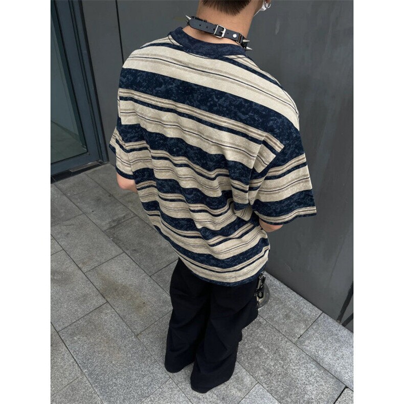 夏季新款美式复古条纹短袖T恤男女扎染设计潮牌上衣WLDT100-P33,男装T恤,星座1008