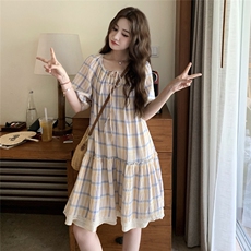 小清新泡泡袖圆领格纹连衣裙女2025夏季新款韩系宽松小个子a字裙，女装连衣裙，2C201