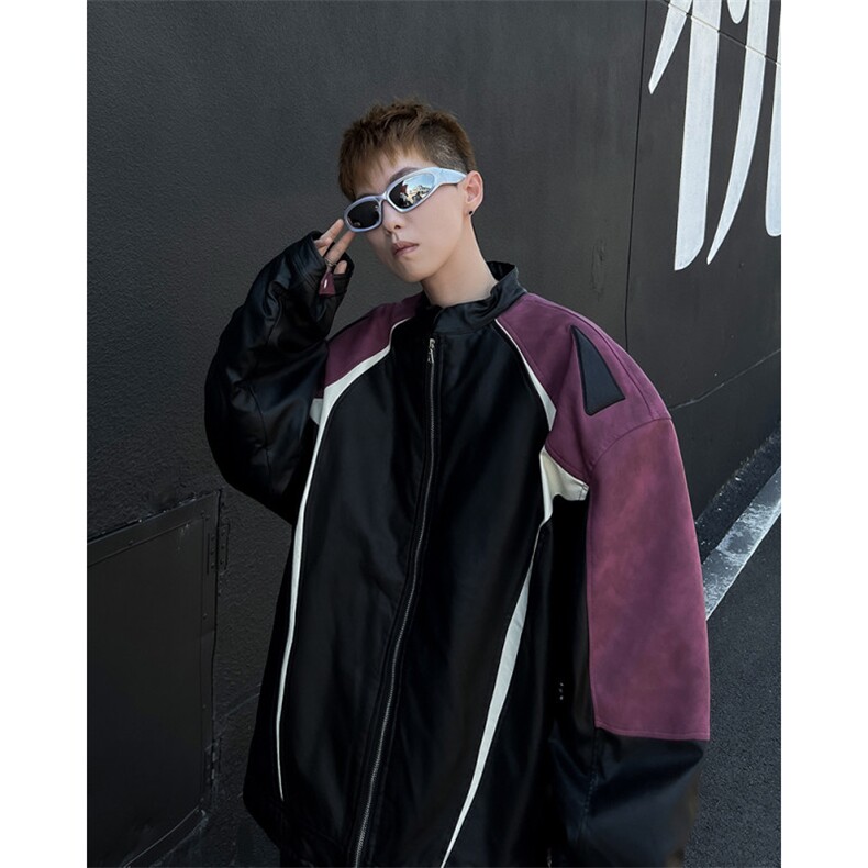 2024新款港风美式扎染皮拼接立领飞行员夹克棒球服男JK1258-P80,男装夹克,星座313A(原308A-2)