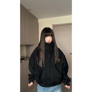 抖音得物高品质 26春装美式高街铆钉杜宾犬耳朵开衫卫衣外套W125图片