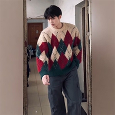 25@鹿毛绒菱形格撞色圣诞毛衣情侣冬季保暖圆领针织衫V11-P50网图，男装针织衫/毛衣，电商B245