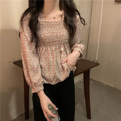碎花雪纺衫新款方领收腰显瘦衬衫,女装蕾丝衫/雪纺衫,潮品会