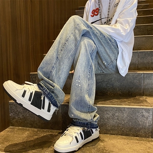 美式复古泼墨牛仔裤男春季宽松直筒裤子oversize痞帅水洗阔腿长裤图片