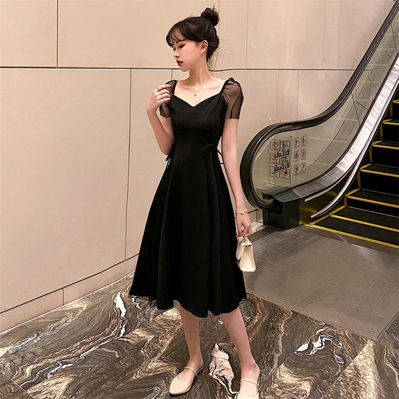 欧洲站2021新款女装慵懒风显瘦荷叶边imiss赫本小黑裙黑色连衣裙,女装连衣裙,潮品会
