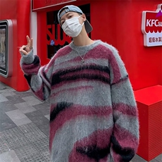 美式潮撞色条纹慵懒风男冬季宽松新款马海毛针织毛衣MZ053-P48，男装针织衫/毛衣，星座412-3