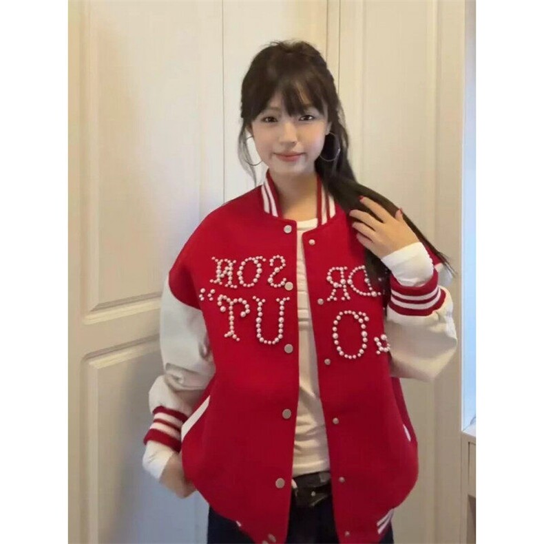 【现货】DW1013-P95美式街头撞色珍珠宽松百搭棒球服夹克外套女潮,男装夹克,星座603-2