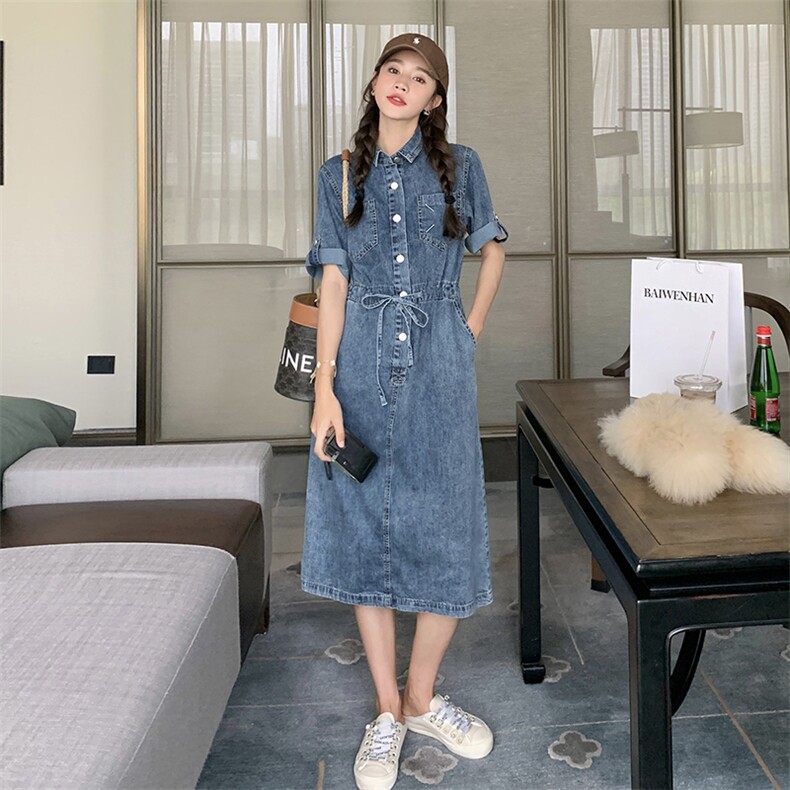 【现货】2025夏新中长款牛仔衬衫领连衣裙2C037088P,女装连衣裙,2C037