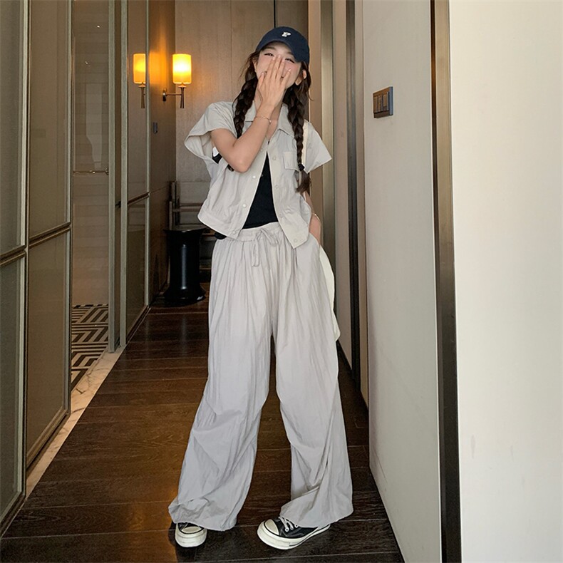 高级感炸街甜酷工装短袖套装女2025夏季新款时尚拖地阔腿裤两件套,女装套装/套裙,纯色衣恋