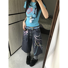 【有货】N1241CC-特P53美式3D链条彩色印花七分牛仔短裤男女，男装牛仔裤，星座1007（原301D）