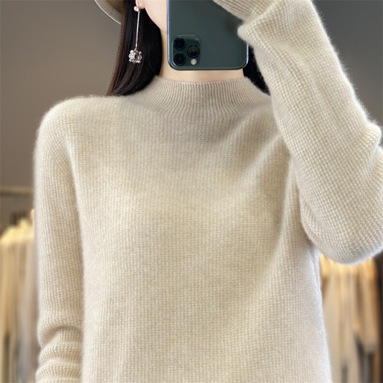 新款女士半高领羊毛衫桂花针纯色时尚百搭显瘦保暖毛衣，女装羊毛衫，九嘉羊绒