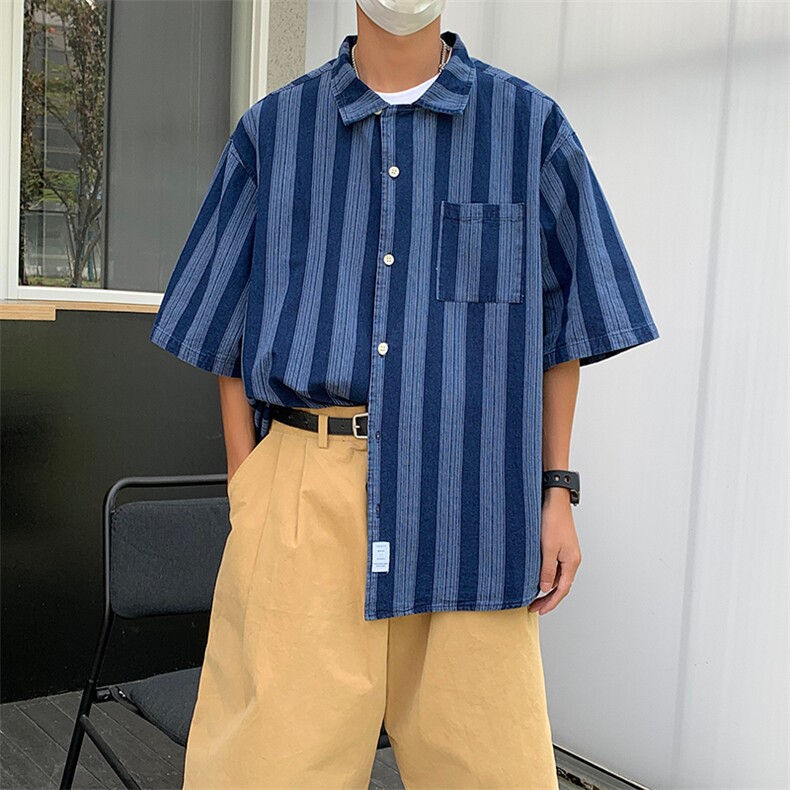 T033-P59夏季宽松百搭条纹潮流牛仔衬衫短袖图片