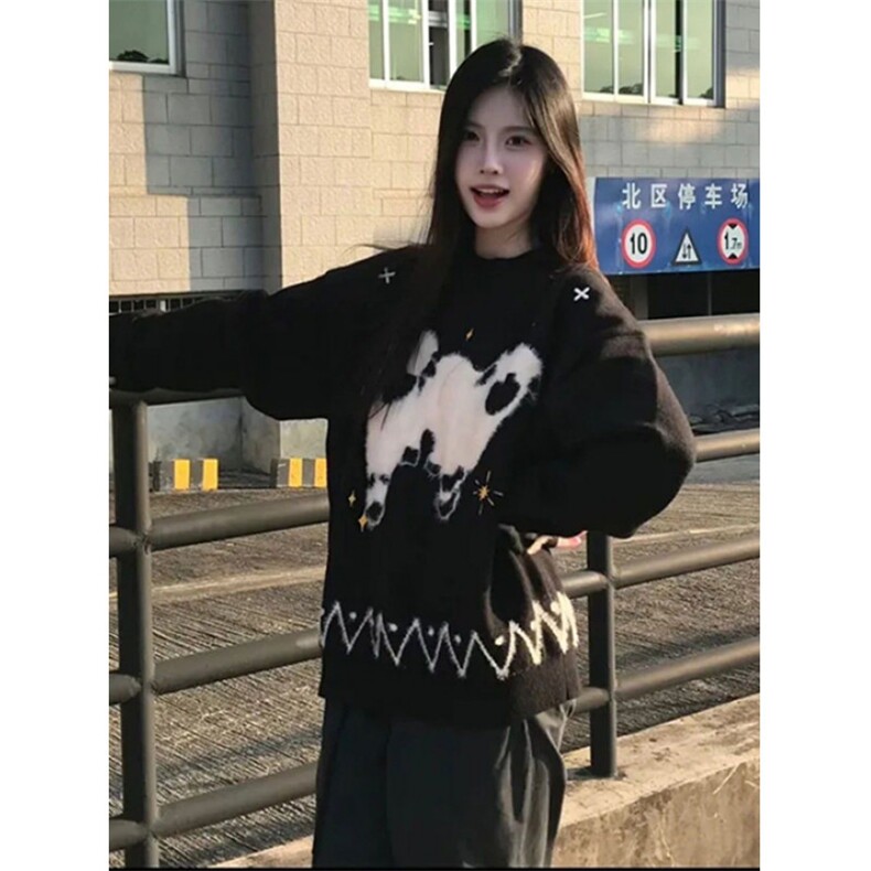 气质卡通小羊提花黑色毛衣女秋冬季宽松显瘦圆领针织衫M3302,男装针织衫/毛衣,星座1116A（原606A-3）