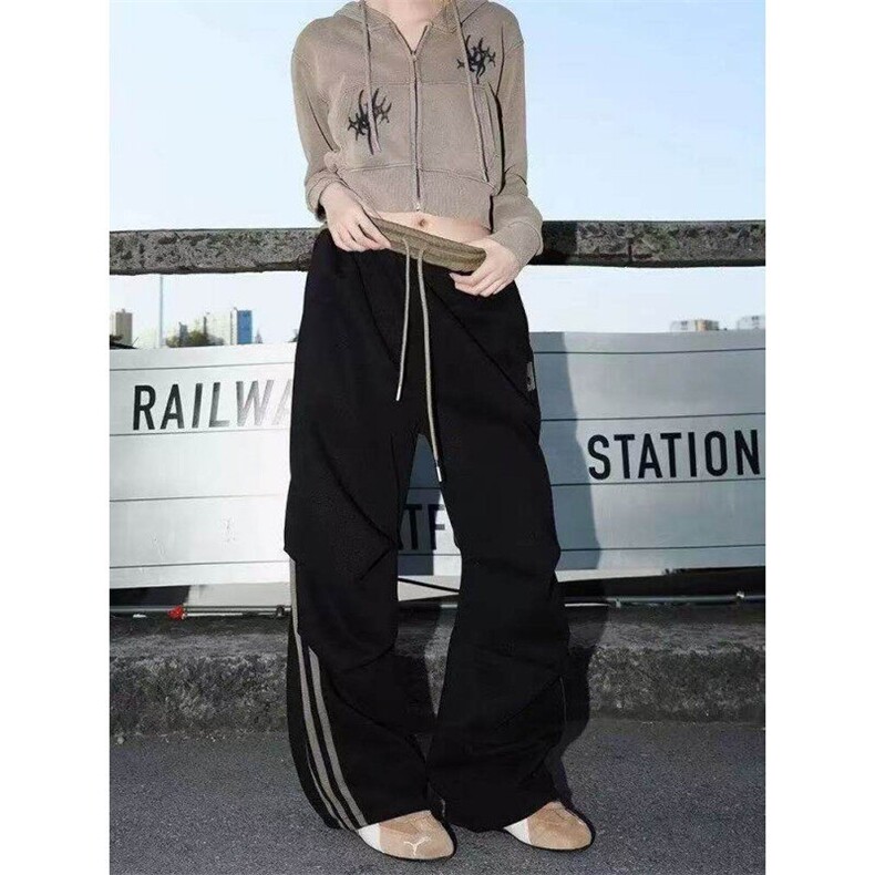 潮美式条纹休闲裤女2025春季新款直筒宽松多巴胺跳舞运动拖地裤,男装休闲裤,星座613