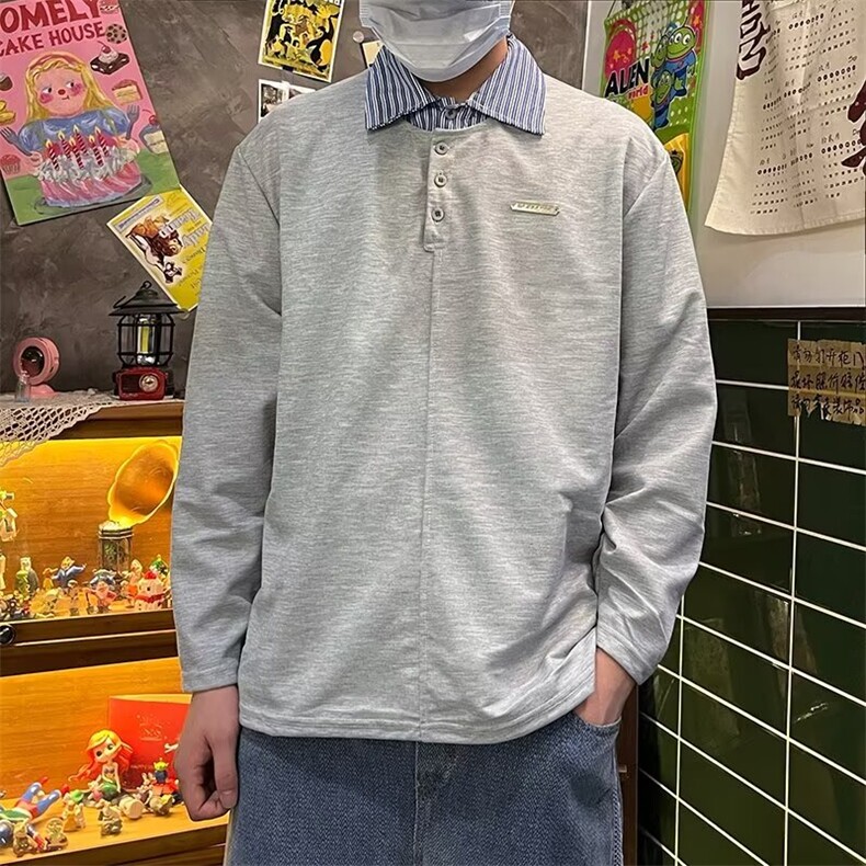 美式假两件条纹拼接polo衫男春秋季潮流设计感翻领长袖t恤TW33,男装T恤,星座1116A-1（原606A）