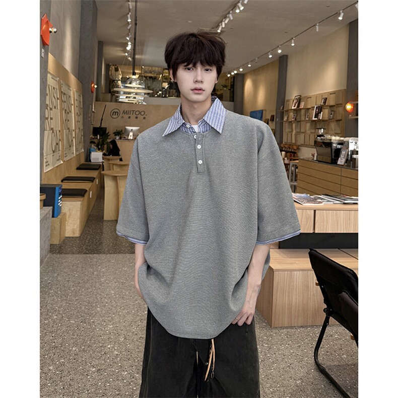 8XL-M假两件衬衫领短袖T恤大码夏季条纹拼接polo衫半袖DX1211/P45,男装Polo衫,电商B238