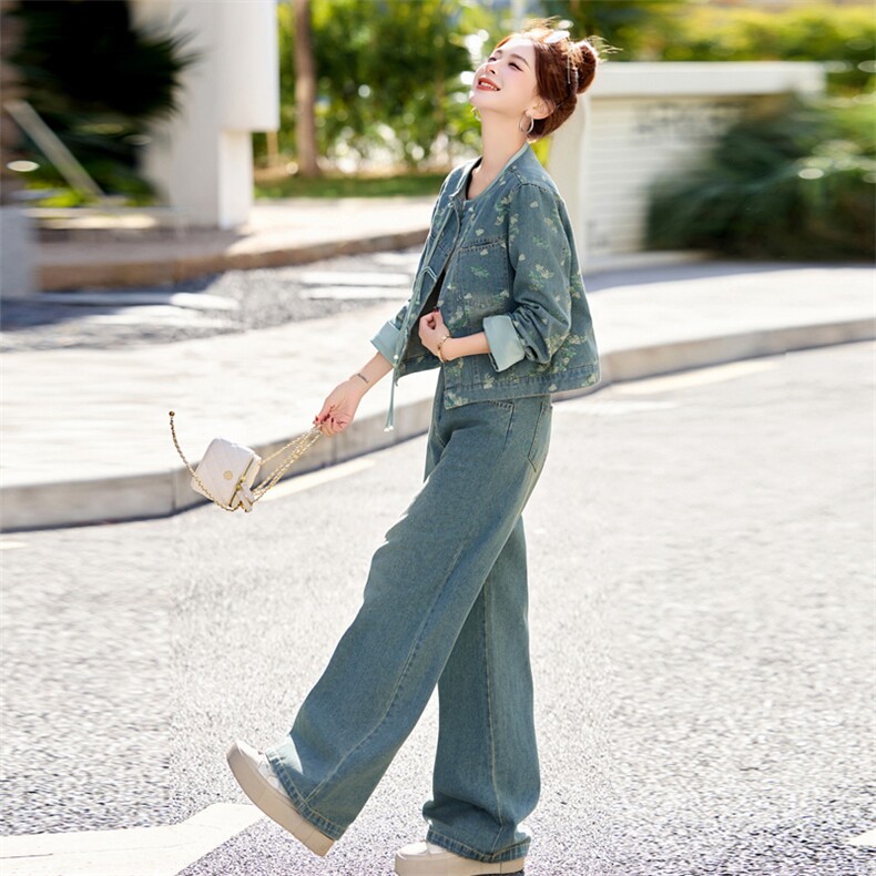 新中式国风印花牛仔时尚套装女2025春季新款复古盘扣气质两件套潮，女装套装/套裙，欣品汇