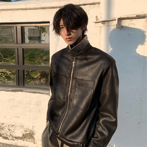 霜冻裂纹千鸟格内里PU皮猎装皮衣夹克男潮牌复古机车服JK8563