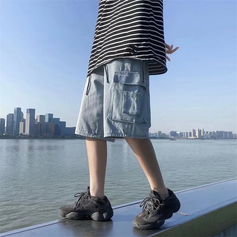 高街牛仔短裤男夏季薄款马裤工装五分裤D970P38图片