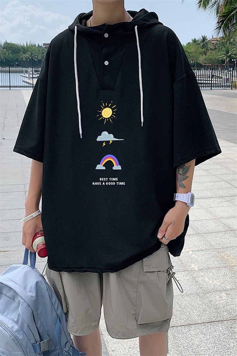 LD54141-P45连帽短袖t恤男大码胖子带帽五分袖中袖,男装T恤,电商A040