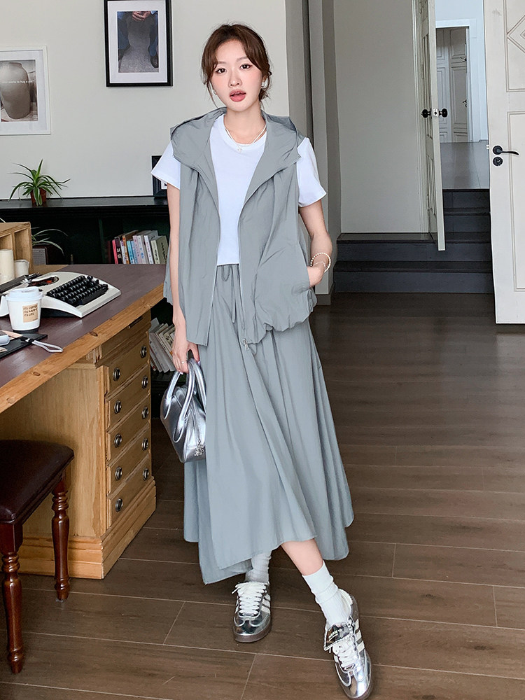 韩版休闲三件套装女夏季2025新款时尚连帽马甲不规则半身裙套装裙,女装套装/套裙,辉之琳