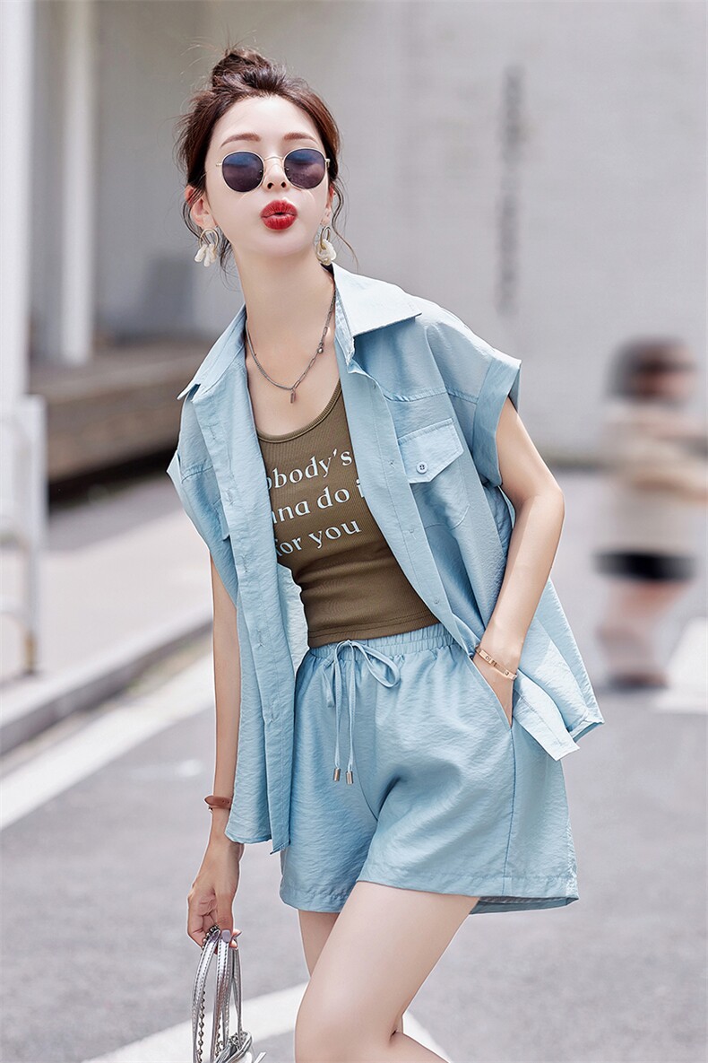 时尚休闲防晒三件套女2024夏新款短袖衬衫打底背心短裤穿搭一整套,女装套装/套裙,采品优优