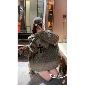 牛仔外套男春秋新款潮牌宽松痞帅工装水洗提花衬衫式夹克上衣图片