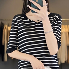 洋气减龄V领冰丝条纹针织短袖T恤女宽松休闲薄款小衫显瘦撞色上衣，女装T恤，秋虹羊绒