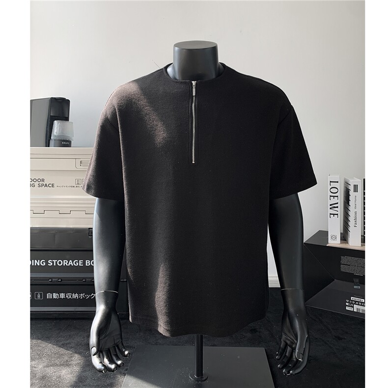 主推美式半拉链华夫格纯色短袖T恤宽松打底衫男女H1063特P20，男装T恤，电商A341