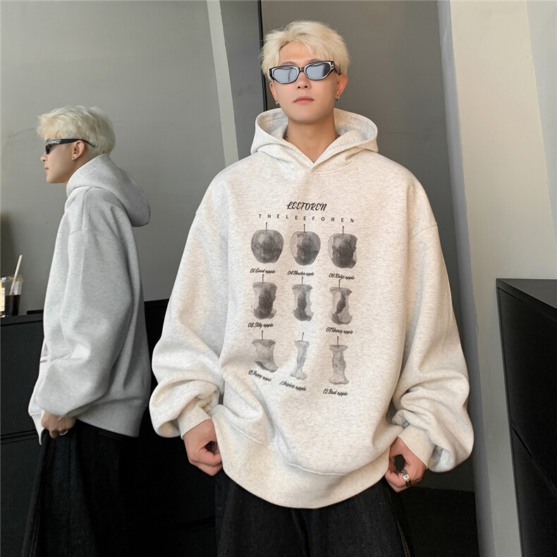 美式苹果印花灰色连帽卫衣男女连帽秋季宽松慵懒风情侣套头帽衫,男装卫衣,电商C307