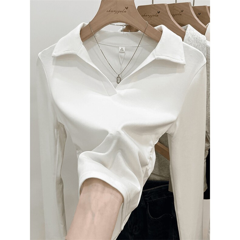 QC022-P45韩系上衣秋季抽褶收腰设计polo领长袖短款别致正肩t恤，女装卫衣/绒衫，星座617A-2