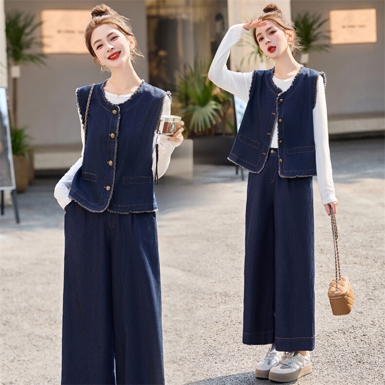 牛仔套装女2025开春新款高级感超火小香风休闲减龄马甲阔腿裤穿搭，女装套装/套裙，艾瑞儿