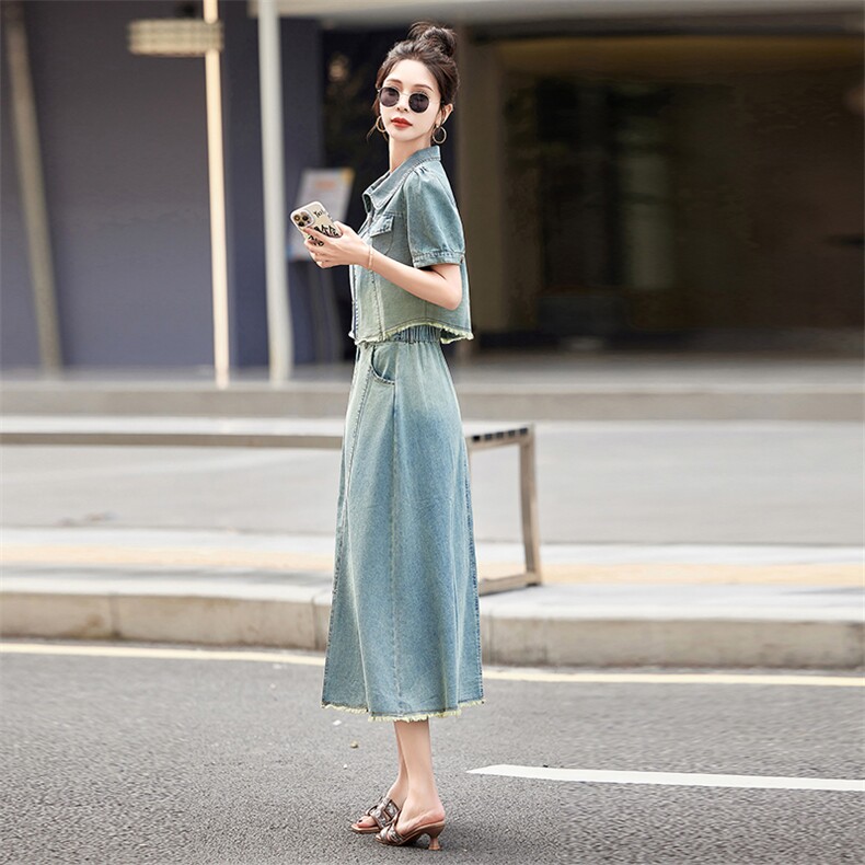大量现货！短袖牛仔套装女2024夏季新款女装两件套时尚套装裙子,女装套装/套裙,慧尚依恋