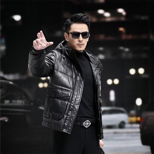 冬季新款海宁羽绒服男连帽外套超薄小牛皮皮衣鹅绒服P870图片