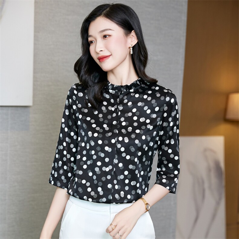 高档品牌重磅真丝衬衫女中袖桑蚕丝2025新款气质波点洋气大码上衣,女装衬衫,阿舍尔精品