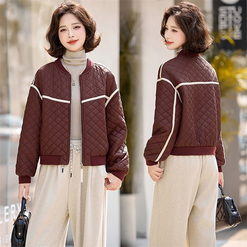 PU皮棉衣棉服女2024冬季新款小个子短款外套棉袄菱形格夹棉夹克，女装皮衣，魅丽静蓝