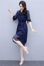 碎花2021年夏季系带时尚气质中长款百搭韩版优雅连衣裙，女装连衣裙，瑶迪依秀