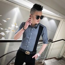 2021夏男衬衫英伦男中袖上衣韩版修身拼接男花衬衫A068-D824-P55，男装衬衫，星座419（原A233）