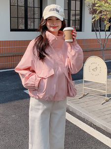粉色外套女配包包落肩袖宽松休闲气质短夹克长袖2025年春季新款女图片