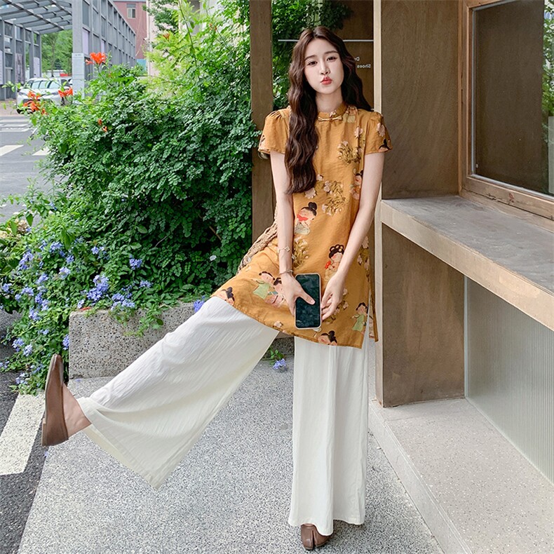 新中式复古印花改良旗袍套装女2025夏新款气质高级感阔腿裤两件套,女装套装/套裙,浙宝305