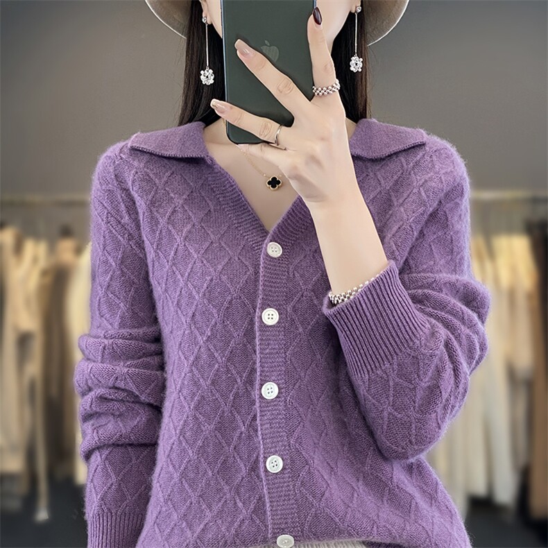25新款100%纯羊毛开衫女POLO领提花毛衣针织衫外套宽松羊绒衫上衣,女装羊毛衫,邓利维