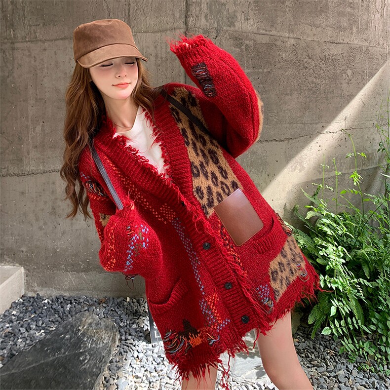 韩系chic独特设计红色针织衫外套女春秋超火好看高级小众开衫毛衣,针织衫/毛衣,2C010
