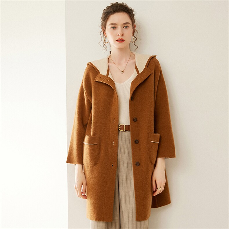 时尚百搭秋冬新款双面拼色中长款空气层大衣女士显瘦保暖气质外套，女装毛呢外套，绒默