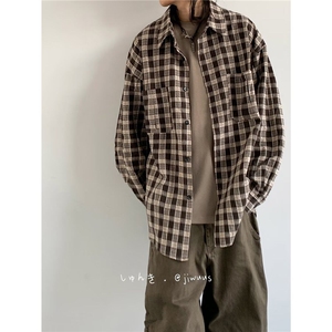 C118新款雅痞风衬衫外套宽松叠穿格子衬衣开衫内搭上衣男图片