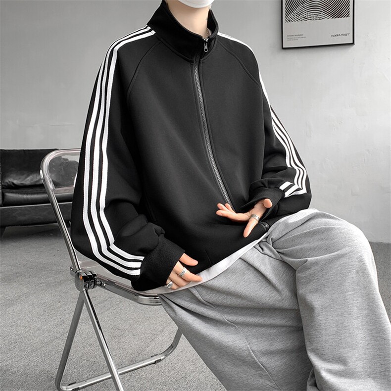 8XL-M三条杠运动卫衣特大码美式条纹立领夹克开衫外套JK5205/P65图片