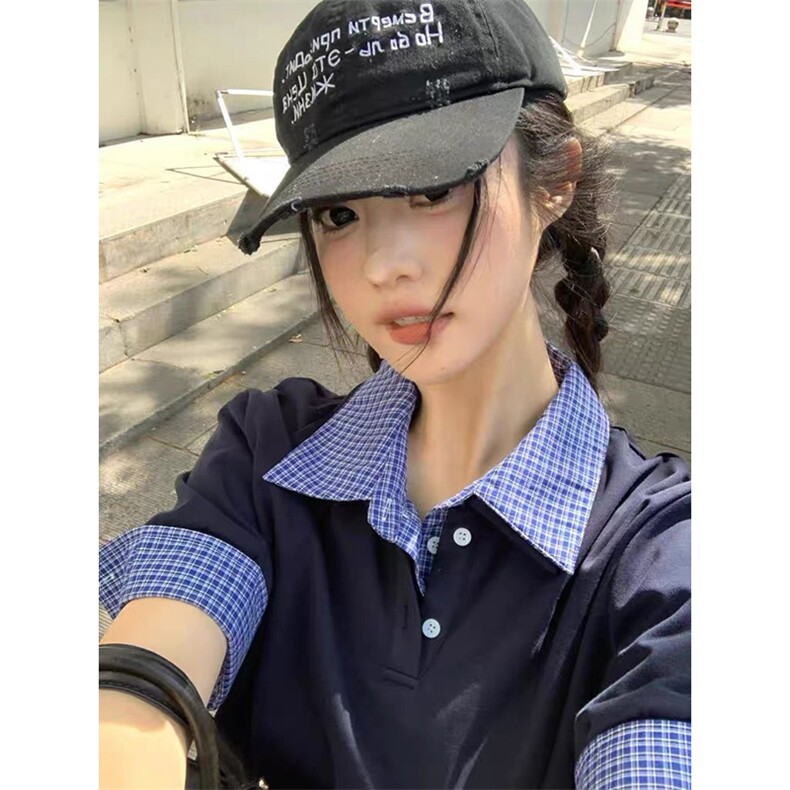 得物抖音高品质二开 夏季美式潮牌高街假两件格子衬衣翻领短袖T恤图片