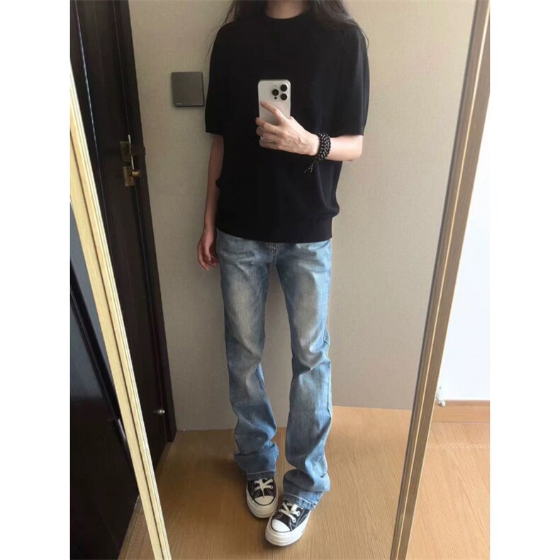bcare蓝色弯刀牛仔裤男女美式中高腰修身裤子显瘦提档直筒微喇裤,男装牛仔裤,星座506A