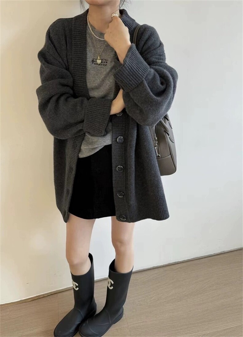 开衫女中长款V领秋冬慵懒软糯休闲宽松保暖针织衫图片