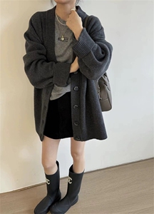 开衫女中长款V领秋冬慵懒软糯休闲宽松保暖针织衫图片